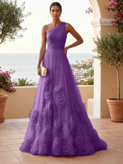 One-Shoulder Sweetheart Tulle Ball Gown with 3D Floral Accents Evening Dresses