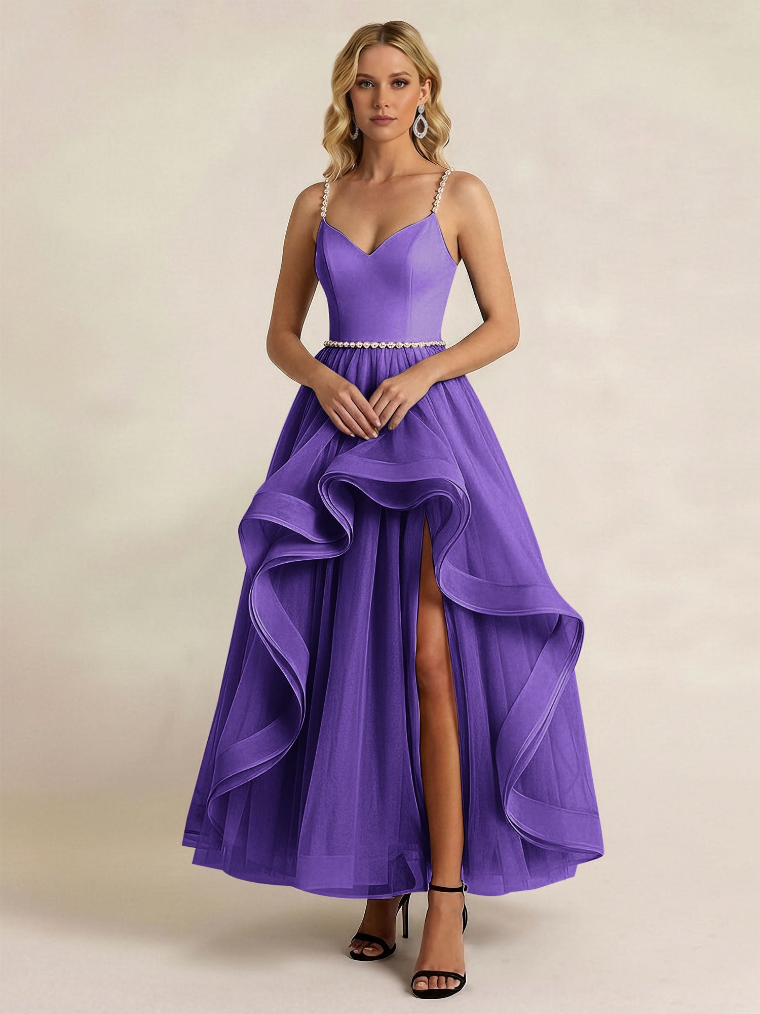 Black Tulle Ruffled A Line Long Formal Dress with Slit