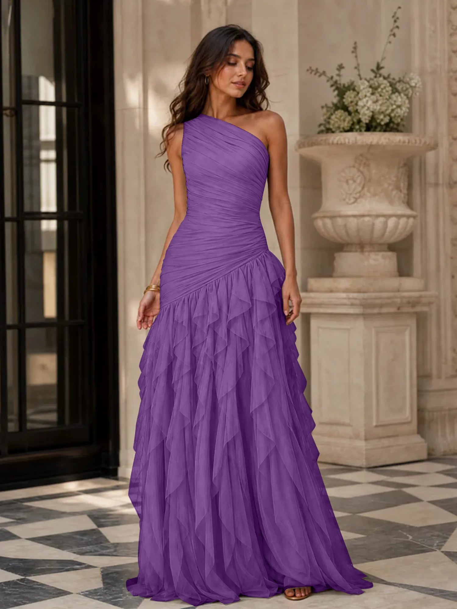 Emerald Green One-Shoulder Ruched Asymmetric Ruffle Chiffon Floor-Length Gown Dress