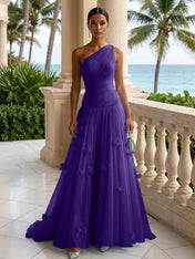Light Blue Evening Dress with 3D Flower One Shoulder Pleat Maxi Dress