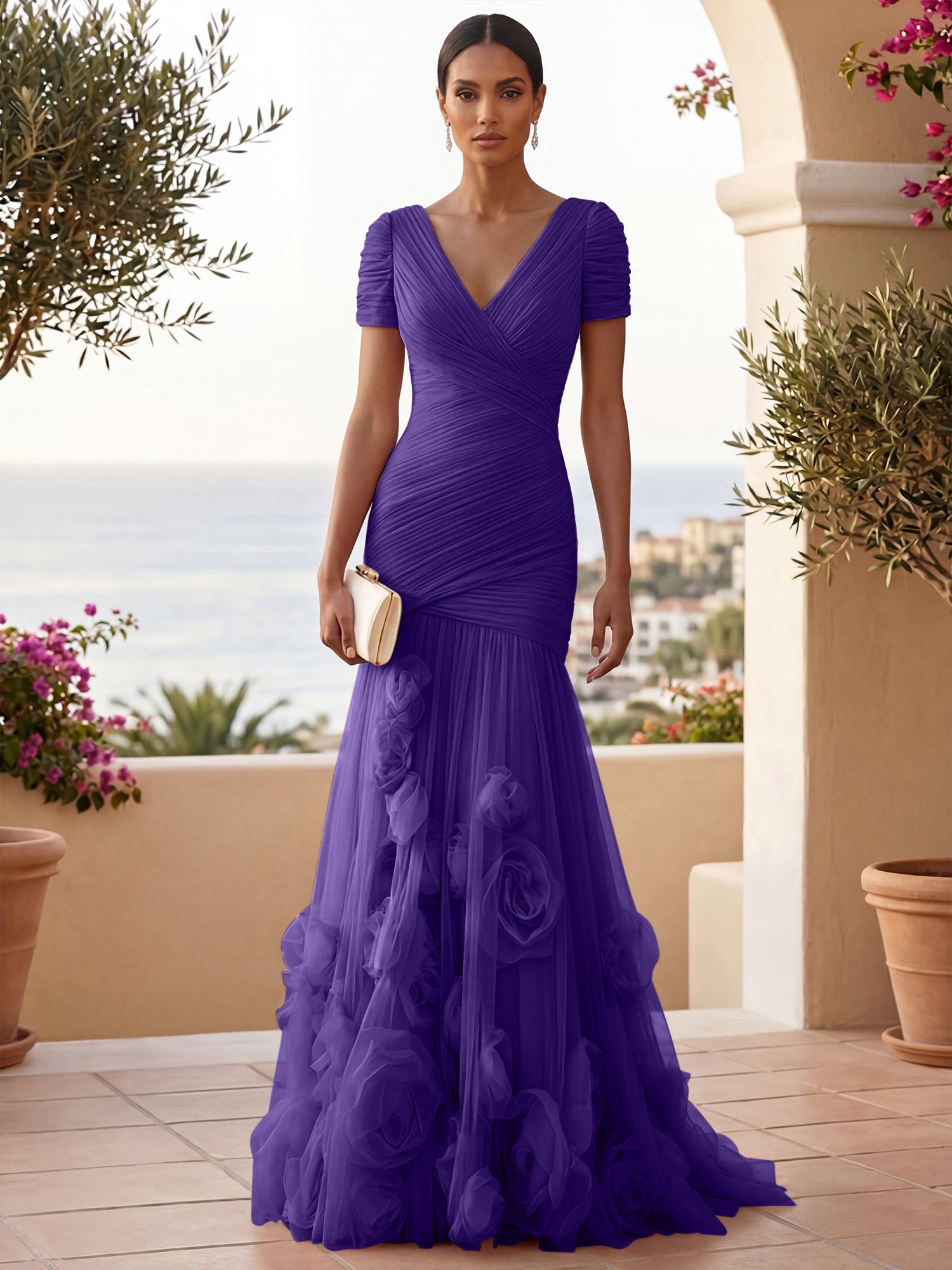Sweetheart Tulle Short Sleeves Pleat Mermaid Evening Dresses with 3D Flower