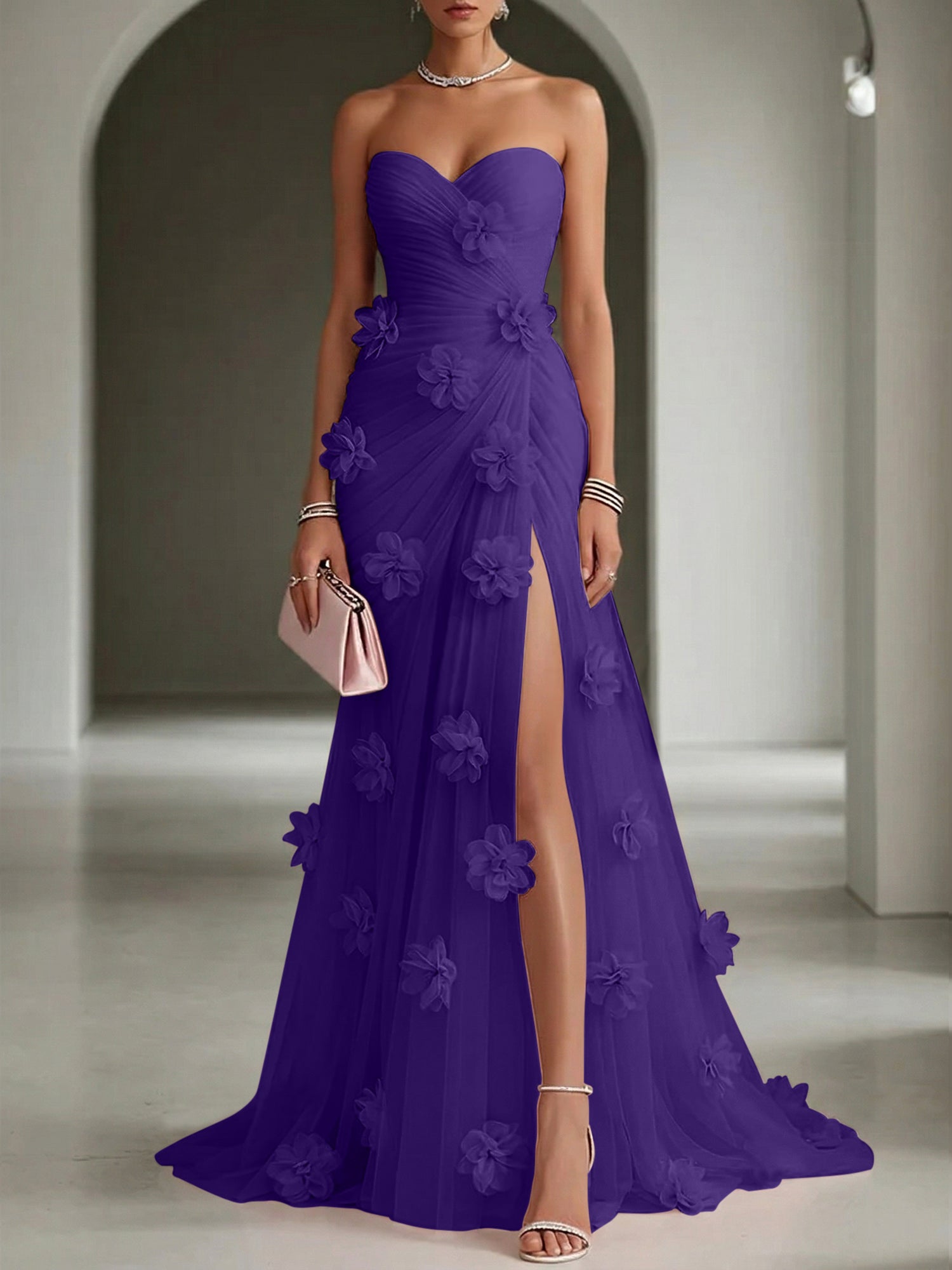 Ethereal Blush Slit 3D Floral Strapless Tulle Gown Dress