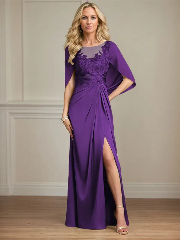 Column Satin Scoop Neck Cap Sleeves Floor Length Mother Of The Bride Dresses
