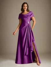 A-Line Scoop Floor-Length Stretch Satin Mother of the Bride Dress With Cascading Ruffles