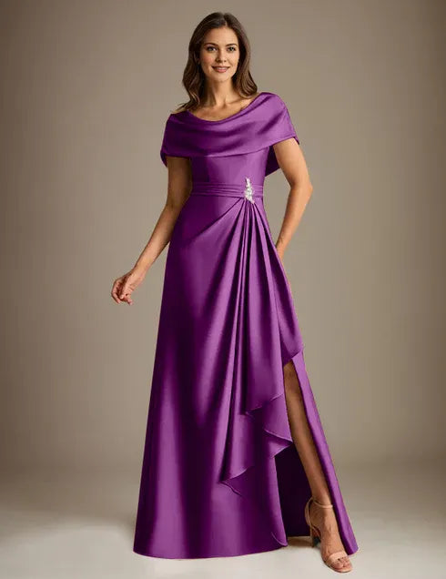 A-Line Scoop Floor-Length Stretch Satin Mother of the Bride Dress With Cascading Ruffles