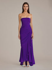 Sheath/Column Satin Off The Shoulder Sleeveless Floor Length Dresses With Ruffles