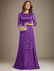 A-Line Scoop Floor-Length Lace Satin Mother Of the Bride Dress With Applique