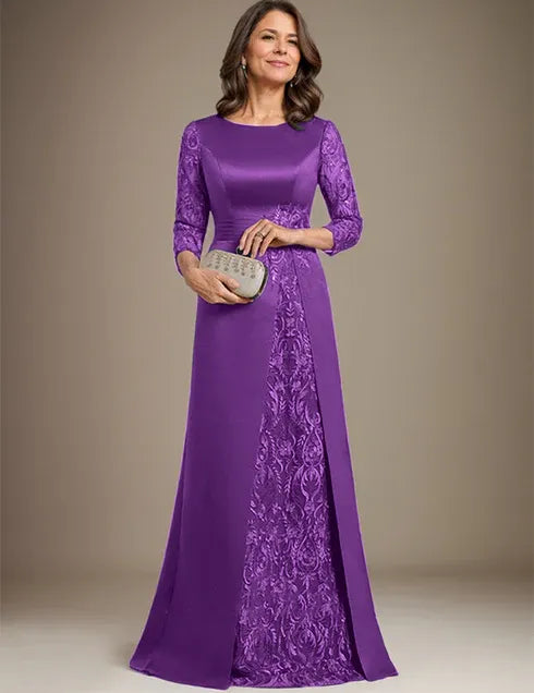 Robe de mère de la mariée en satin et dentelle, coupe trapèze, longueur au sol, avec appliques 