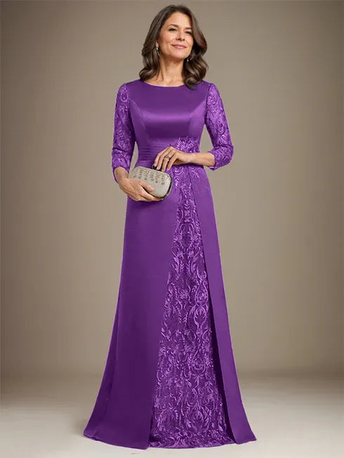 A-Line Scoop Floor-Length Lace Satin Mother Of the Bride Dress With Applique