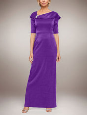 Long Shimmer Column Dress with Foldover Cuff L-Neckline and Elbow Sleeves