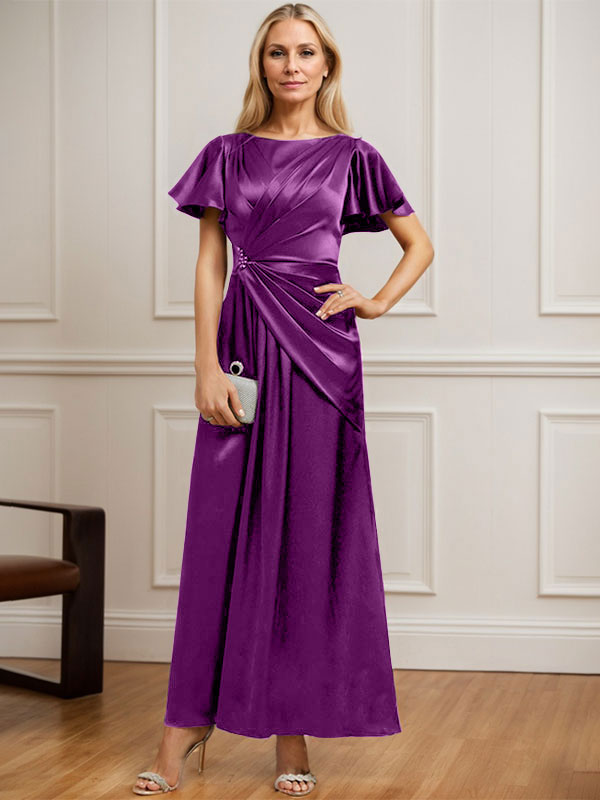 A-line Scoop Ankle-Length Stretch Satin Mother of the Bride Dress With Pleated Beading
