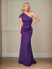 Satin Sheath/Column One Shoulder Short Sleeves Floor Length Mother of the Bride Dresses