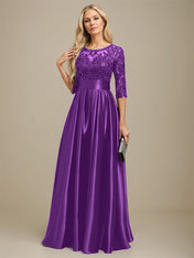 A-line Scoop Illusion Floor-Length Stretch Satin Lace Mother of the Bride Dress With Bow Sequins