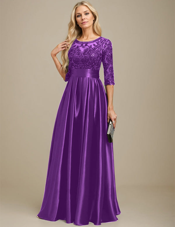 A-line Scoop Illusion Floor-Length Stretch Satin Lace Mother of the Bride Dress With Bow Sequins