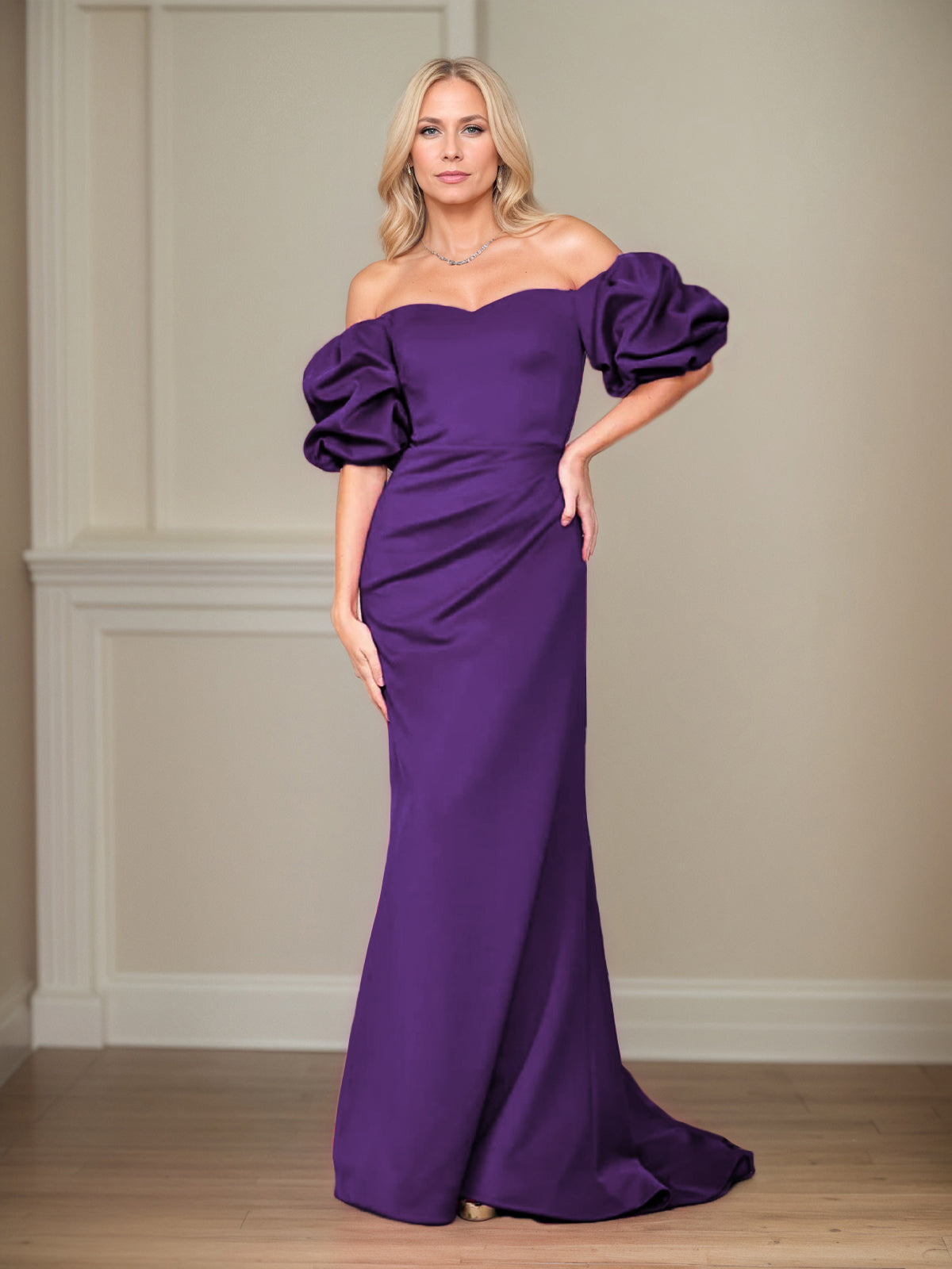 Column Off The Shoulder Puff Sleeves Floor Length Mother of the Bride Dresses