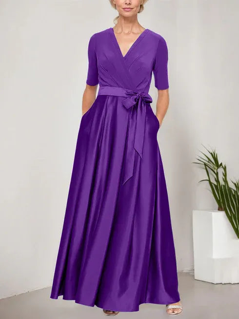 Surplice Neckline Ballgown with Full Satin Skirt & Jersey Bodice
