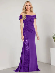 A-Line Off the Shoulder Floor-Length Mother of the Bride Dress Applique Beadings Mermaid Dress With  High Split