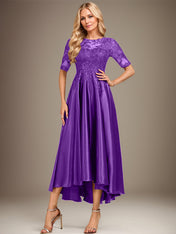 A-line Scoop Illusion Asymmetrical Stretch Satin Lace Mother of the Bride Dress With Sequins