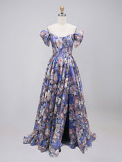 Purple Floral Print Off-the-Shoulder A-Line Prom Dress with Corset Bodice