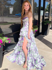 Purple Floral Print Strapless Tiered Ruffles Corset Prom Dress with Slit