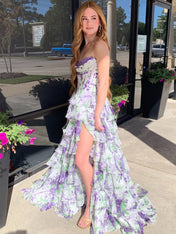A Line Sweetheart Floral Chiffon Tiered Prom Dress with Slit