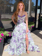 Purple Floral Print Strapless Tiered Ruffles Corset Prom Dress with Slit