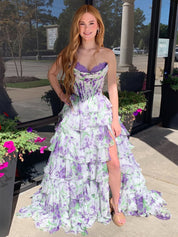 Purple Floral Print Strapless Tiered Ruffles Corset Prom Dress with Slit