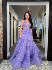 Purple Glitter Beaded Corset Tiered Ruffles Tulle Halter Prom Dress