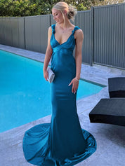 Purple Mermaid Straps Satin Pleated Long Prom Dress with Train