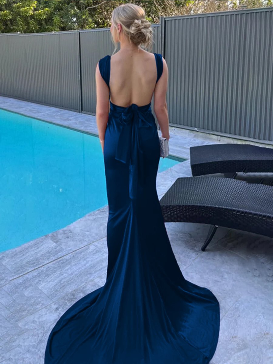 Purple Mermaid Straps Satin Pleated Long Prom Dress with Train