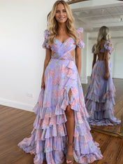 Purple Print A-Line Tiered Long Prom Dress with Slit