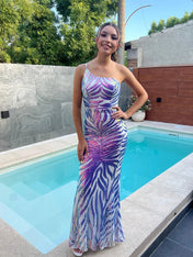 Purple Single Spaghetti Strap Sequin One-Shoulder Prom Dress