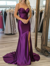 Purple Strapless Crisscross Ruched Bodice Satin Prom Dress with Slit