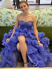 Purple Strapless Tiered Ruffle Corset Prom Dress with Slit