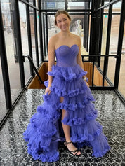 Purple Strapless Tiered Ruffle Corset Prom Dress with Slit