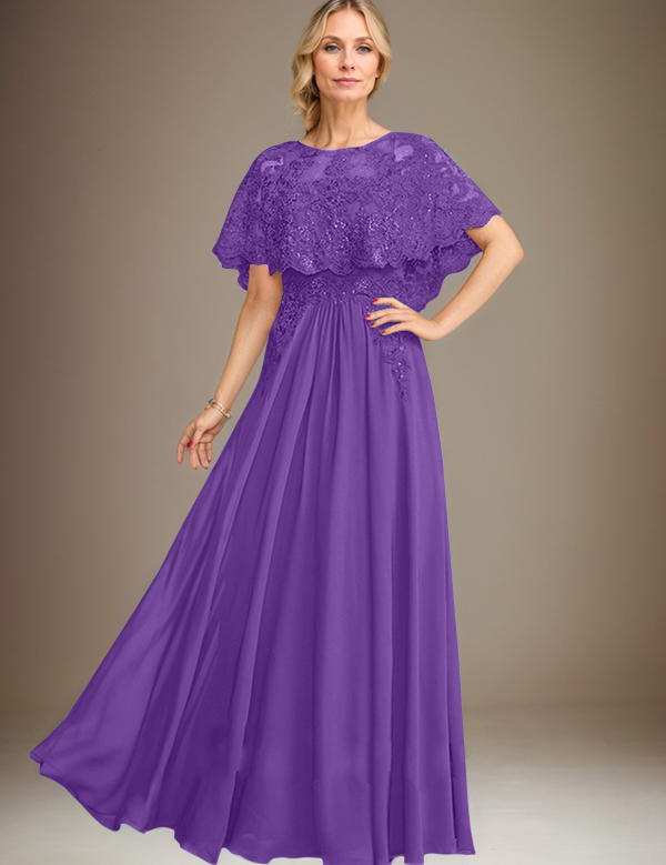 A-line Boat Neck Floor-Length Lace Chiffon Mother of the Bride Dress With Applique Sequins