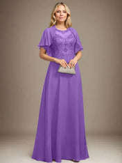 A-line Scoop Illusion Floor-Length Lace Chiffon Mother of the Bride Dress With Sequins