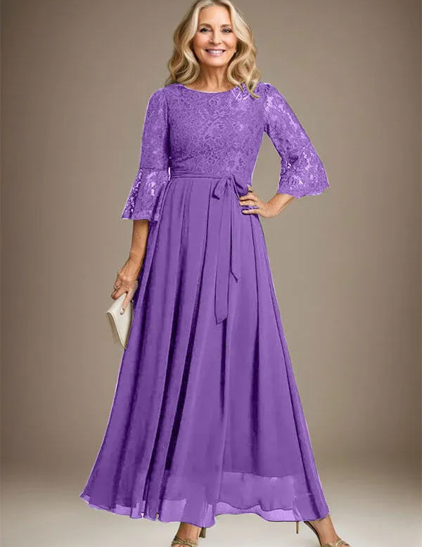 A-line Scoop Ankle-Length Lace Chiffon Mother of the Bride Dress With Bow