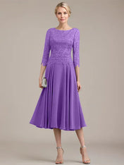 A-line Scoop Tea-Length Lace Chiffon Mother of the Bride Dress