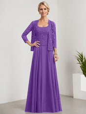 A-line Square Floor-Length Lace Chiffon Mother of the Bride Dress With Sequins