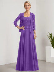 Robe de mère de la mariée trapèze carrée, longueur au sol, en mousseline de soie et dentelle, avec paillettes 