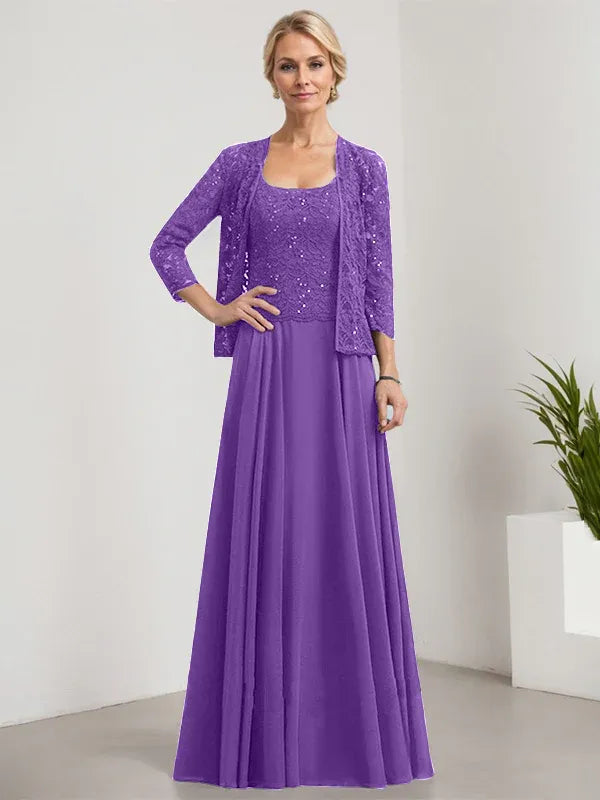 Robe de mère de la mariée trapèze carrée, longueur au sol, en mousseline de soie et dentelle, avec paillettes 