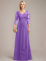 A-line V-Neck Floor-Length Lace Chiffon Mother of the Bride Dress With Cascading Ruffles Sequins