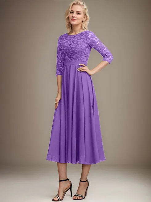 A-line Scoop Tea-Length Lace Chiffon Mother of the Bride Dress With Sequins