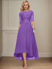 A-line Boat Neck Illusion Asymmetrical Chiffon Lace Mother of the Bride Dress With Sequins Beading