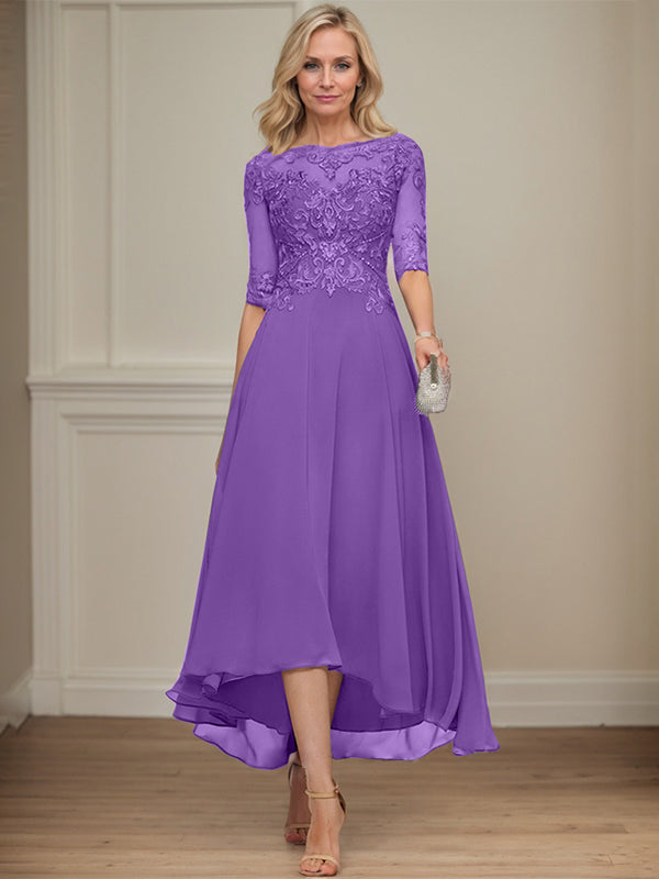 A-line Boat Neck Illusion Asymmetrical Chiffon Lace Mother of the Bride Dress With Sequins Beading