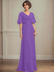A-line V-Neck Floor-Length Chiffon Mother of the Bride Dress With Pleated Sequins Appliques Lace