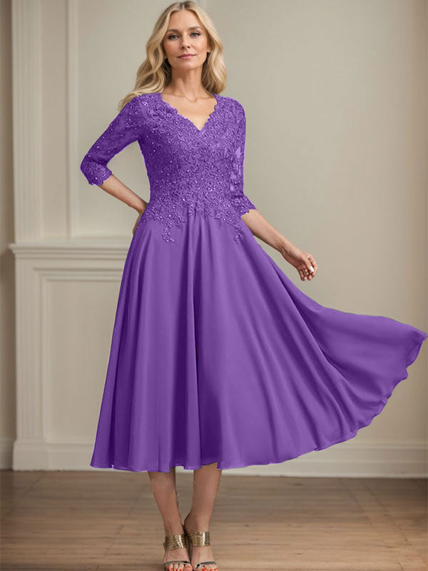 A-line V-Neck Tea-Length Chiffon Lace Mother of the Bride Dress With Beading Sequins