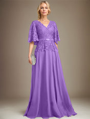 A-line V-Neck Floor-Length Chiffon Lace Mother of the Bride Dress With Crystal Brooch Rhinestone