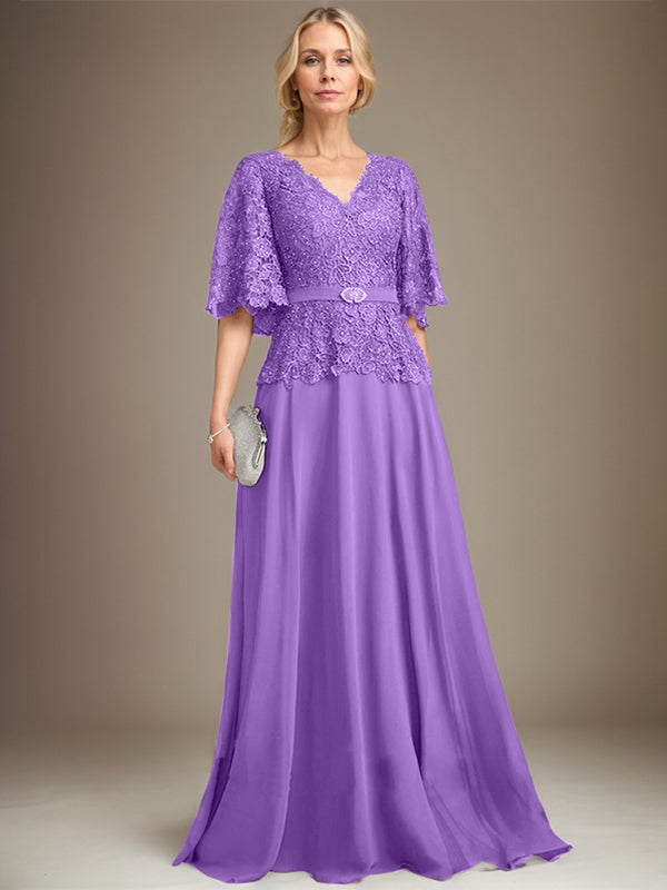 A-line V-Neck Floor-Length Chiffon Lace Mother of the Bride Dress With Crystal Brooch Rhinestone